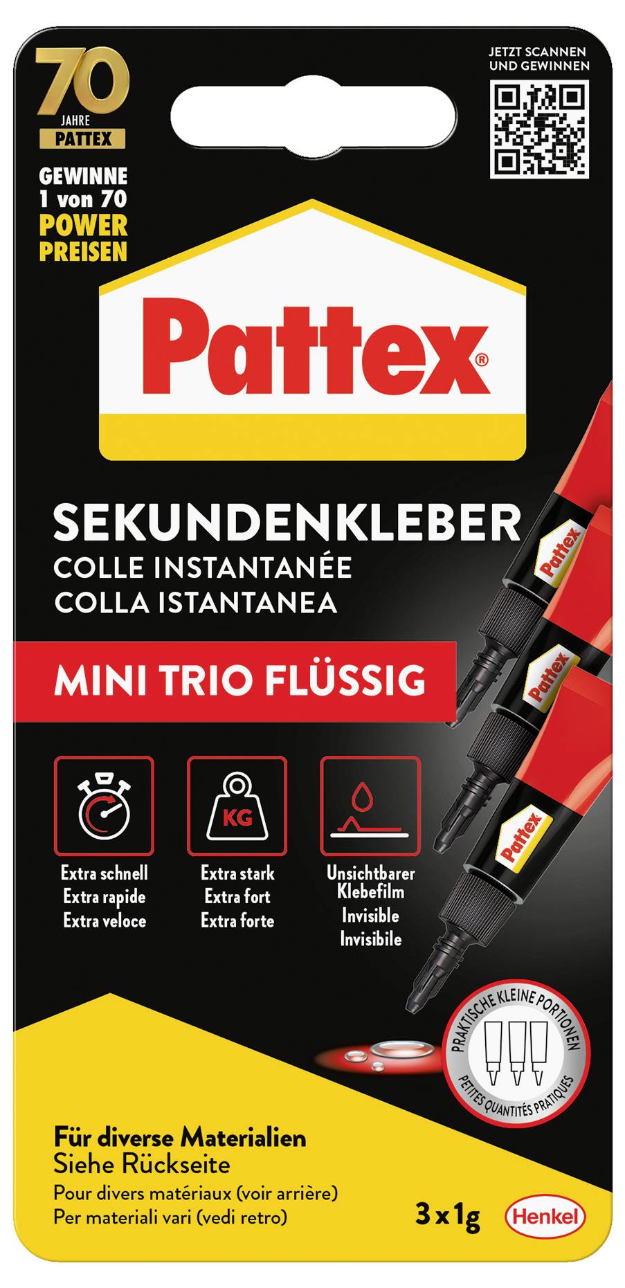 Packung mit Pattex Mini Trio Flüssig Sekundenkleber mit drei kleinen Röhrchen. Hervorgehobene Eigenschaften sind schnelles Trocknen, starke Haftung und unsichtbare Klebenaht. Geeignet für verschiedene Materialien.