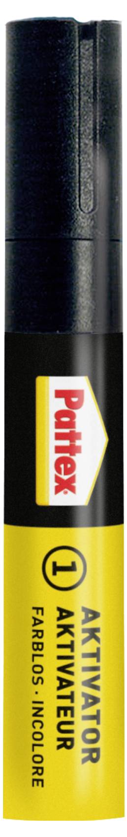 Eine schwarze und gelbe Flasche Pattex Aktivator-Spray, beschriftet mit "SCHWACHE GERUCHSINTENSITÄT, FARBLOS, FARBNEUTRAL".