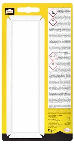 Eine Produktverpackung von Pattex Klebstoff, die Warnungen und Sicherheitshinweise in mehreren Sprachen auf einem gelben Hintergrund zeigt.