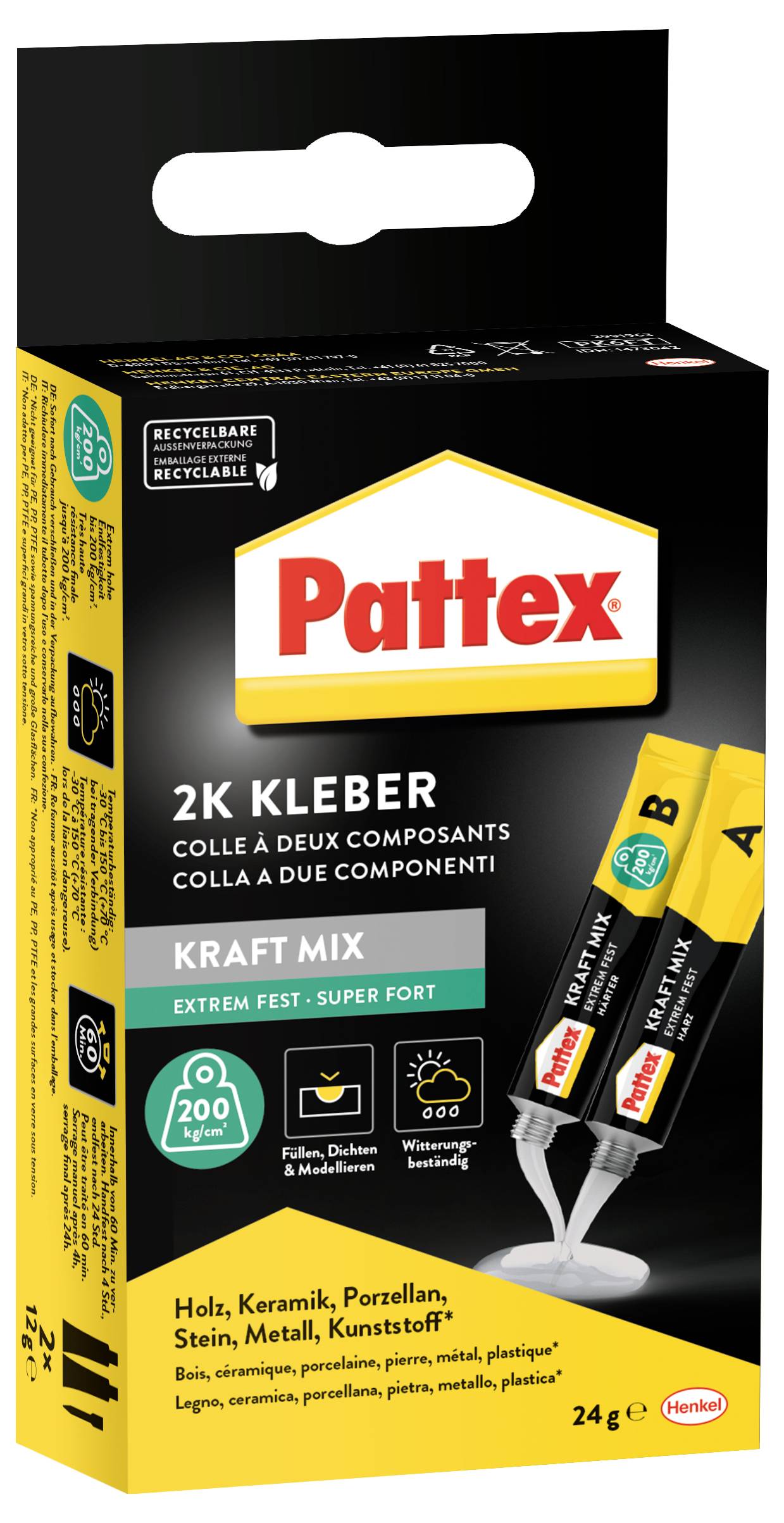 'Pattex 2K Kleber' ist ein Zwei-Komponenten-Klebstoff zum Verbinden von Holz, Keramik, Porzellan, Stein, Metall und Kunststoff.