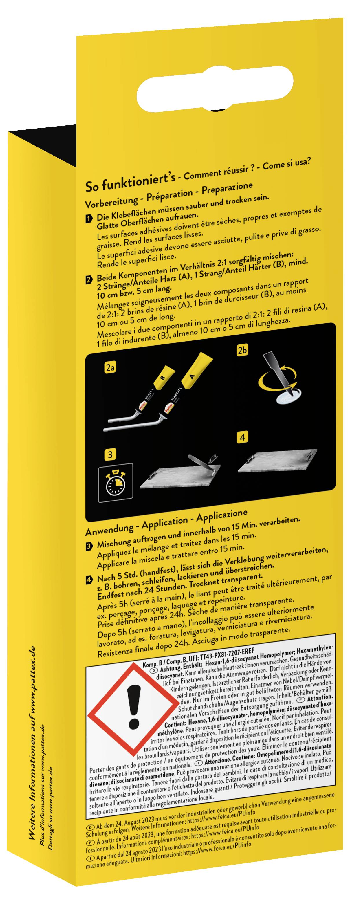 Eine gelbe Produktverpackung zeigt Schritt-für-Schritt-Anweisungen zur Verwendung, einschließlich Text und Symbolen, die die Anwendung auf einer Oberfläche veranschaulichen. Warnhinweis-Symbol enthalten.