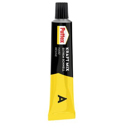 Schwarze und gelbe Tube mit der Aufschrift "Pattex Kraft Mix", für Klebeanwendungen. Enthält Harz, mit einem "A" zur Identifikation gekennzeichnet.