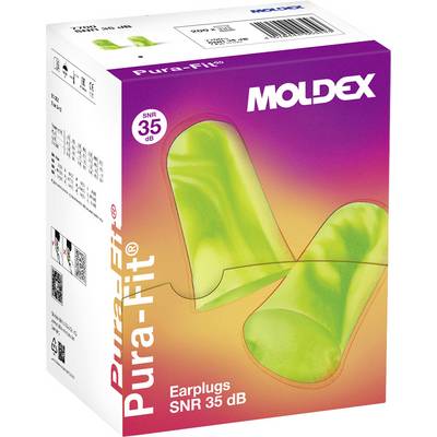 Bild der Moldex Pura-Fit Ohrstöpsel-Verpackung, die eine farbenfrohe Farbverlauf-Box mit einem Paar grüner Ohrstöpsel und einem SNR 35 dB-Etikett zeigt.