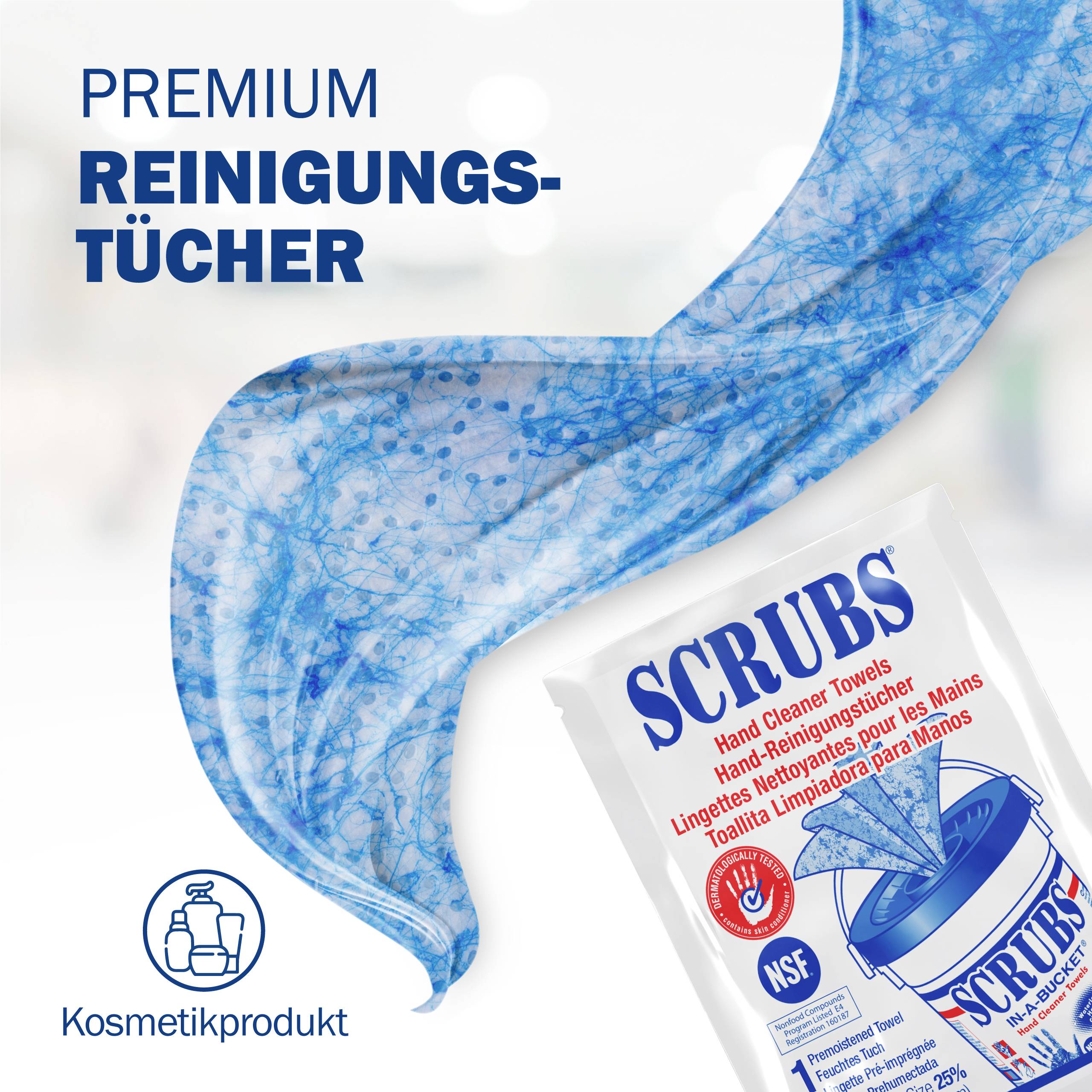 Blauer Reinigungstuch wirbelt über eine Verpackung mit der Aufschrift 'SCRUBS'. Text: 'PREMIUM REINIGUNGS-TÜCHER'. Kosmetikprodukt-Symbol unten links.
