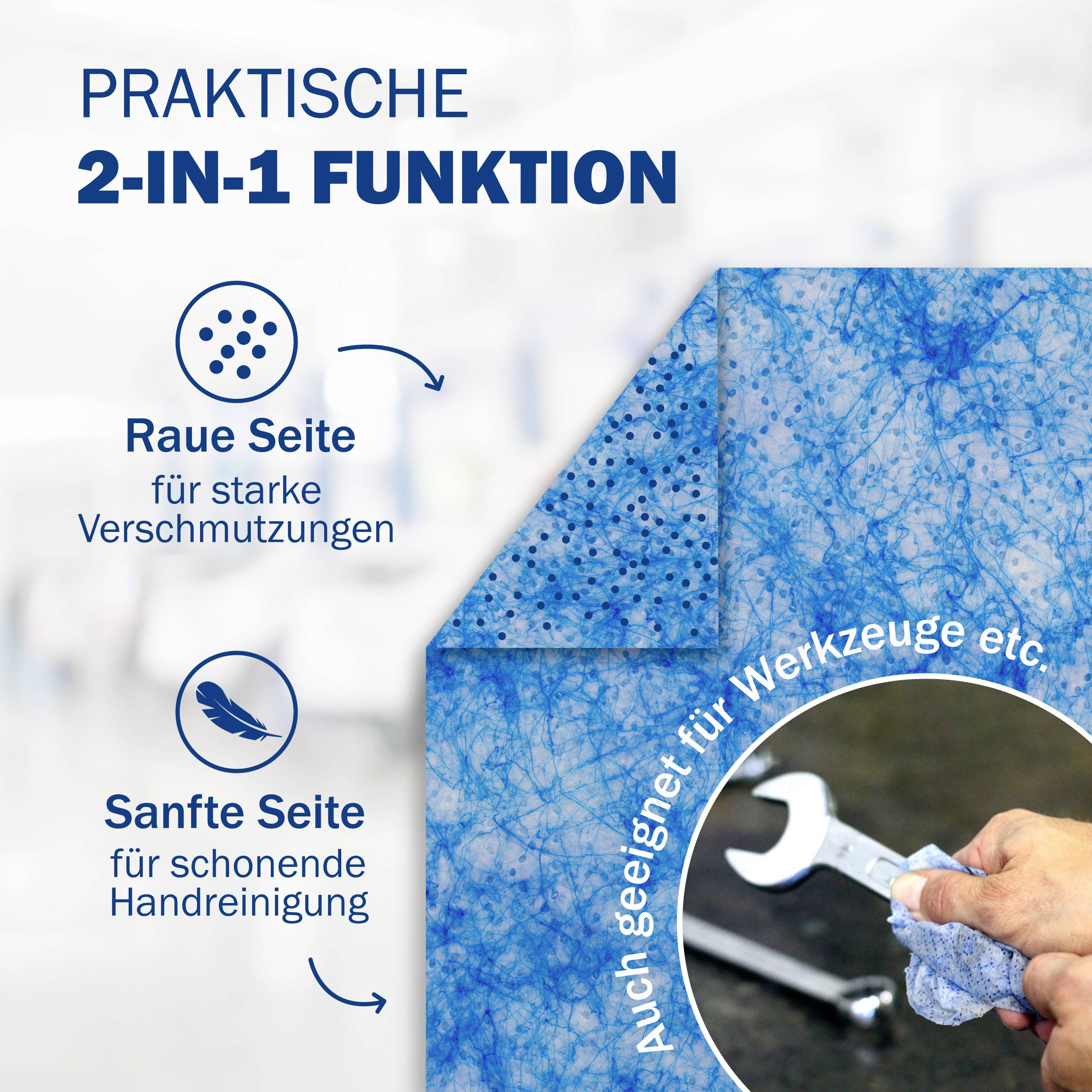 Ein blaues Reinigungstuch mit zwei Texturen. Links: 'Praktische 2-in-1 Funktion'. Oben: für starke Verschmutzung. Unten: sanfte Handreinigung.