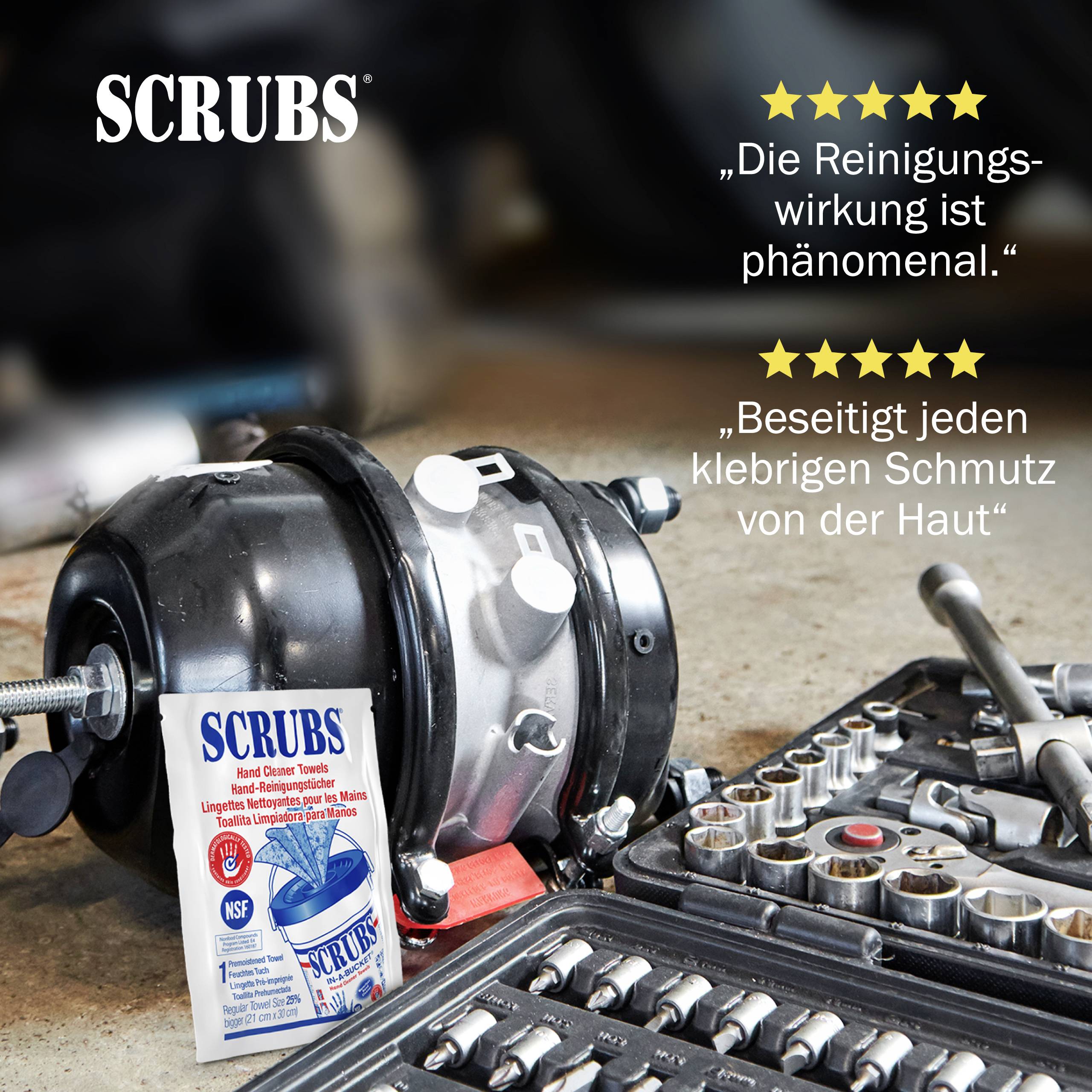 'Ein Set von SCRUBS-Handreinigungstüchern, daneben ein stark verschmutzter Autoteil, mit Zitaten zur effektiven Reinigung der Haut.'