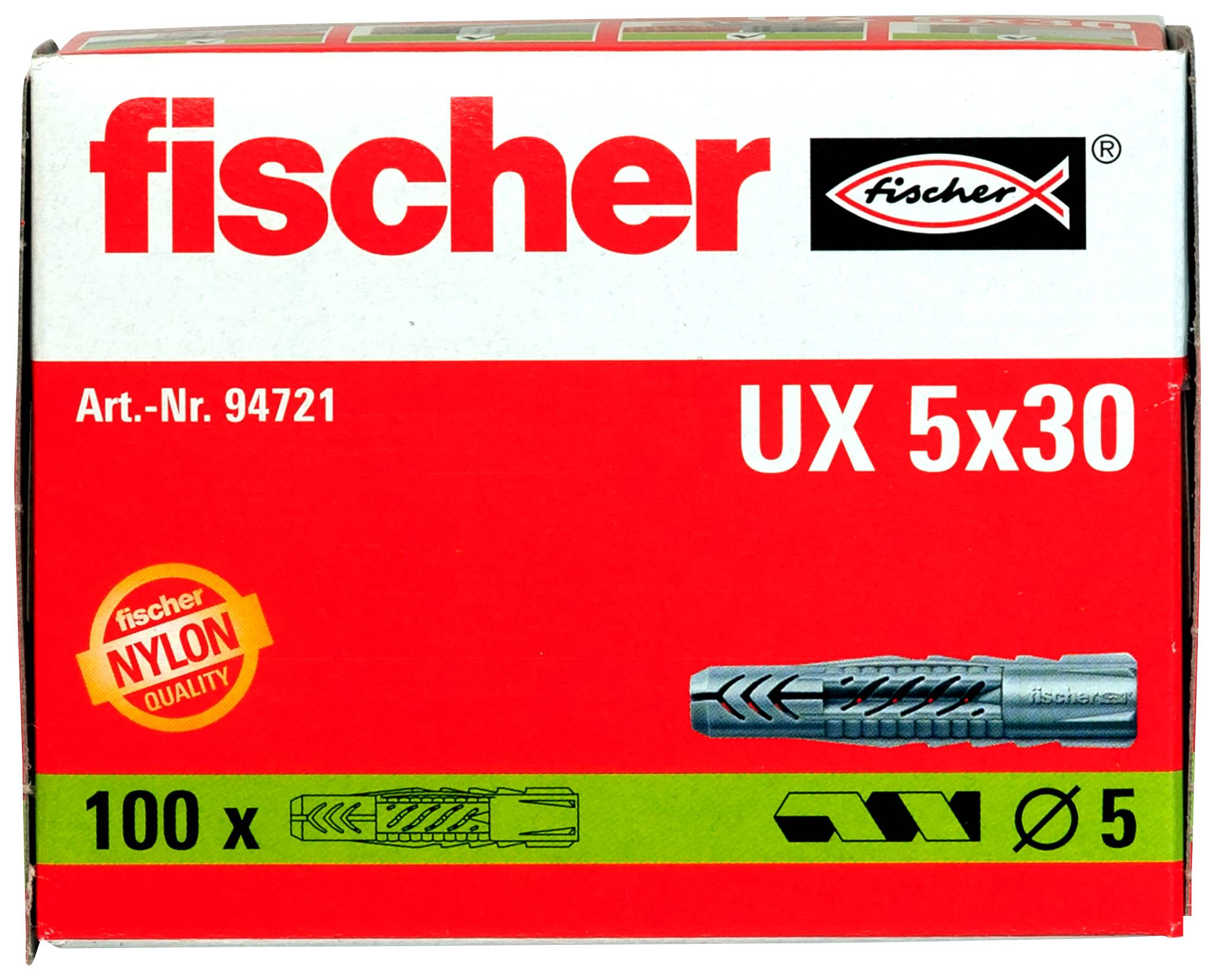Karton mit Fischer UX 5x30 Dübeln, beschriftet mit „Art.-Nr. 94721", „100 x" und „Ø 5".