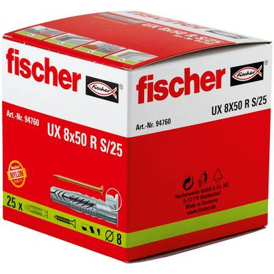 Produktbox für fischer UX 8x50 R S/25 Wanddübel, rot-weiße Verpackung mit Dübel-Illustration und „25x"-Etikett.