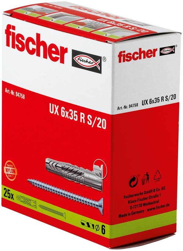 Fischer 94758 UX 6 x 35R S/20 Universaldübel 35 mm 6 mm 25 St.