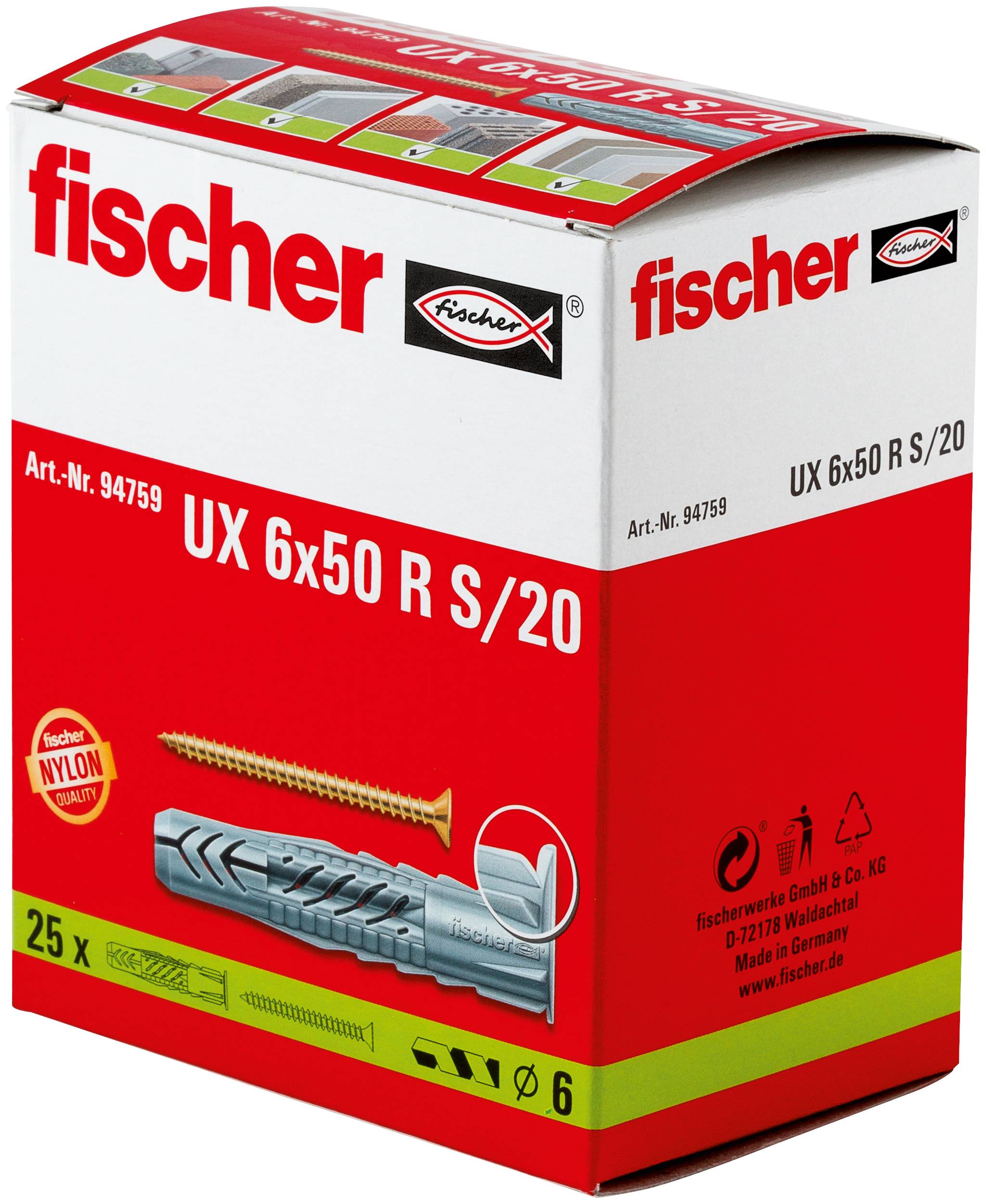 Paket Fischer UX 6x50 R S/20 Nylon-Wandanker, mit 25 Stück und einer Schraube-/Anker-Abbildung.