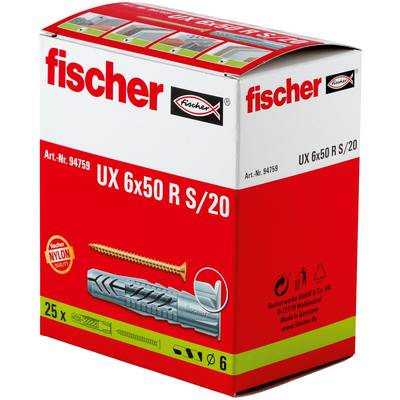 Paket Fischer UX 6x50 R S/20 Nylon-Wandanker, mit 25 Stück und einer Schraube-/Anker-Abbildung.