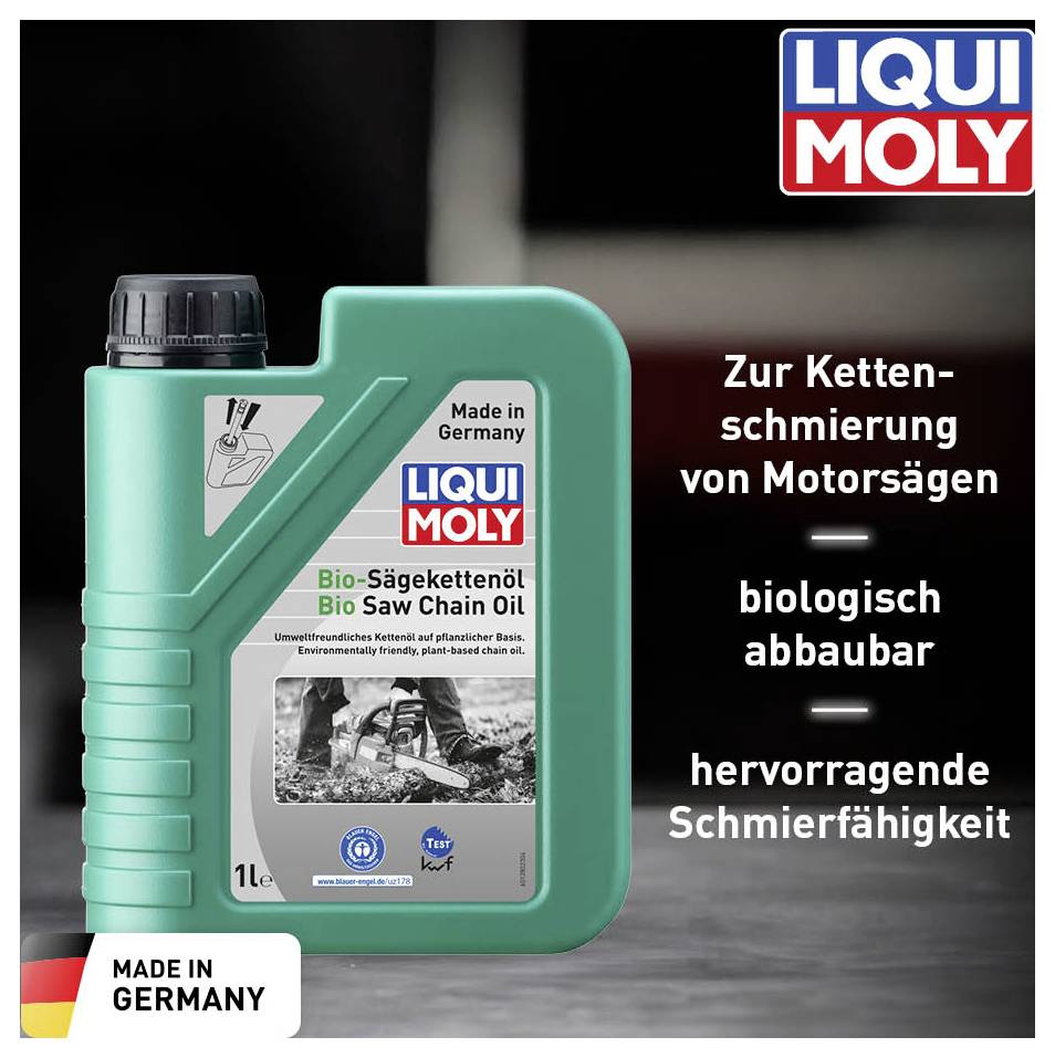 Grüner Kanister Liqui Moly Bio-Sägekettenöl, zur Kettenschmierung von Motorsägen. Biologisch abbaubar mit hervorragender Schmierfähigkeit. Made in Germany.