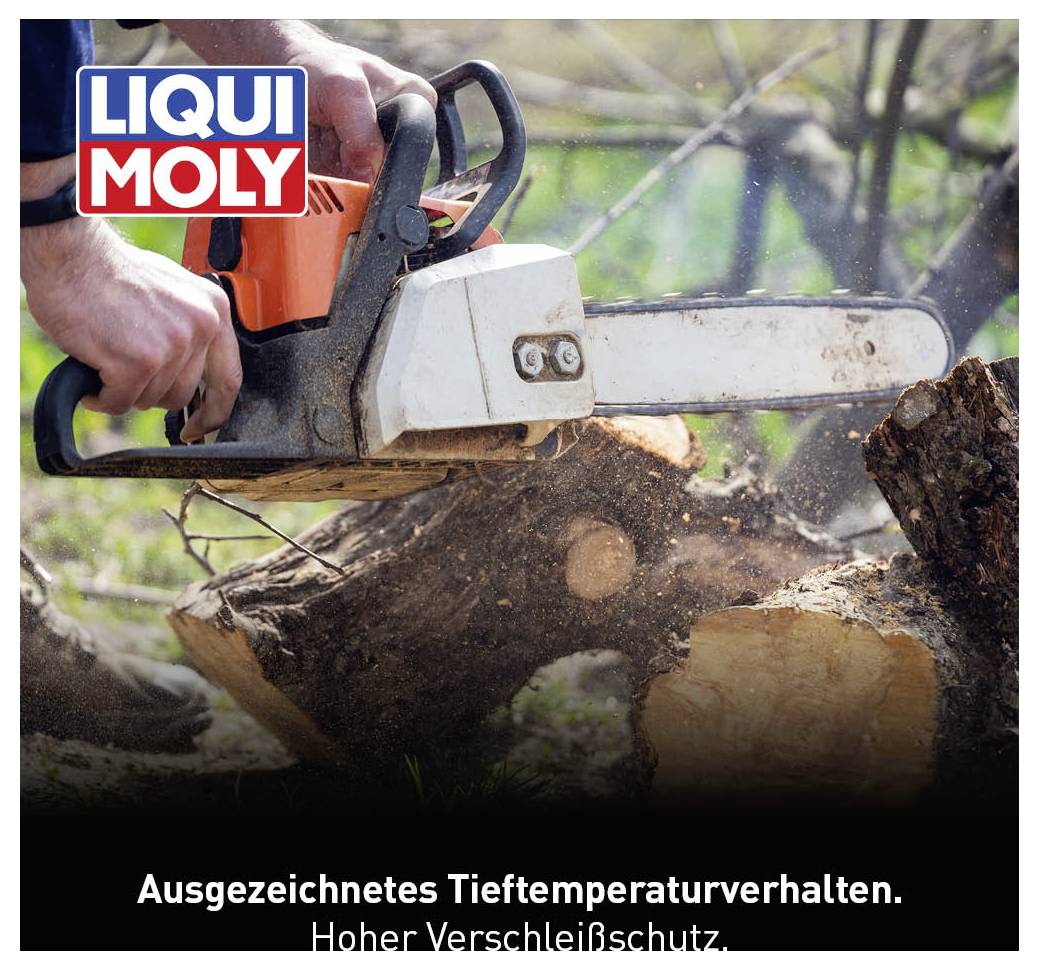 'Mann sägt Baumstamm mit Kettensäge, LIQUI MOLY Logo oben links. Text: Ausgezeichnetes Tieftemperaturverhalten. Hoher Verschleißschutz.'