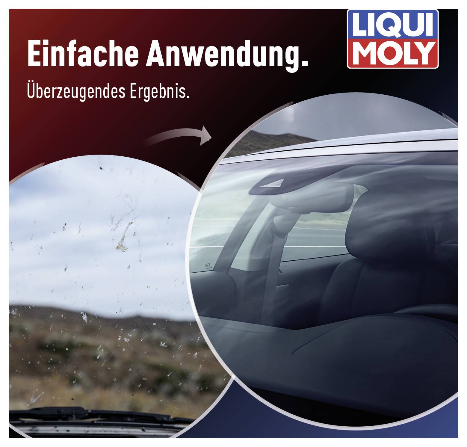 'Ein einfache Anwendung' zeigt einen Vergleich zwischen einer verschmutzten und einer sauberen Autoscheibe nach der Reinigung.