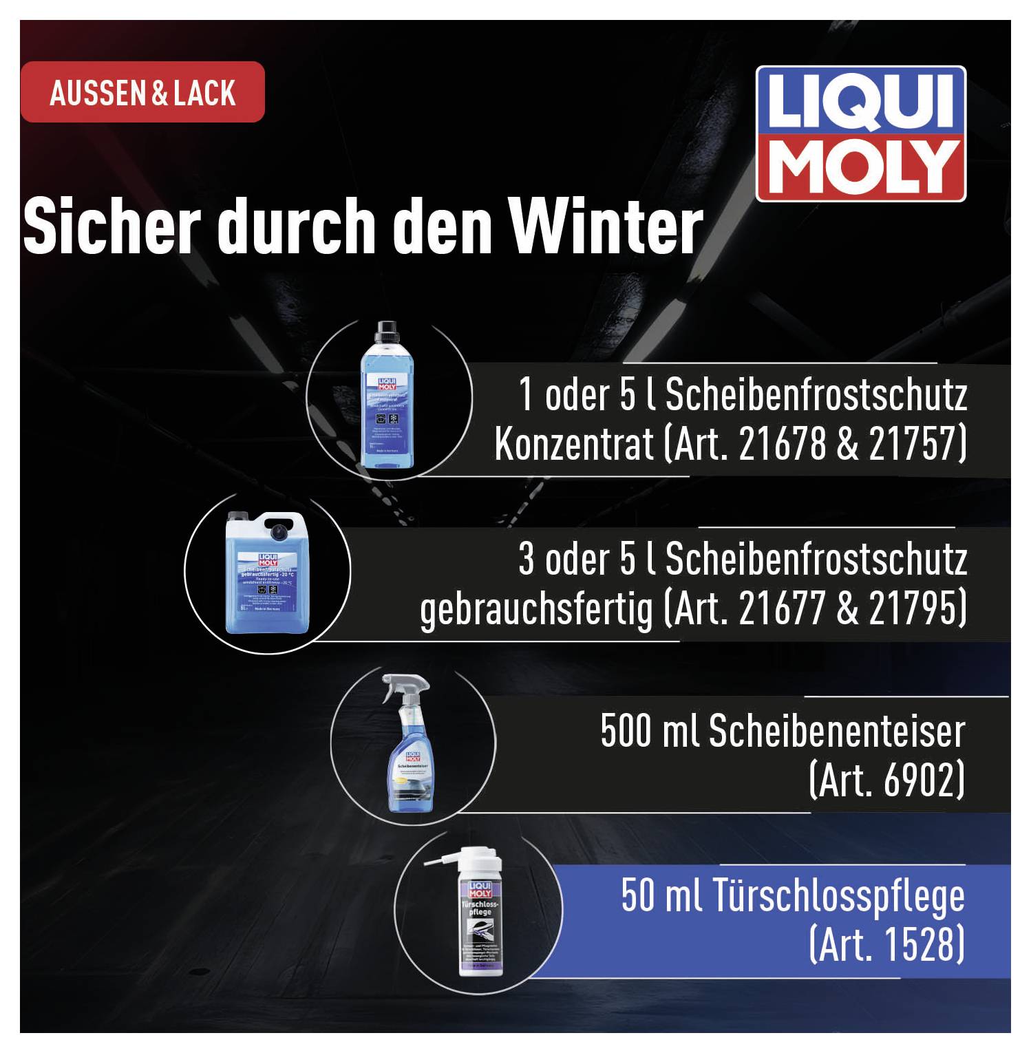 'Sicher durch den Winter' mit Liqui Moly: Frostschutzmittel und Türschloss-Pflegespray werden empfohlen für eisfreie Autofenster und funktionierende Schlösser.
