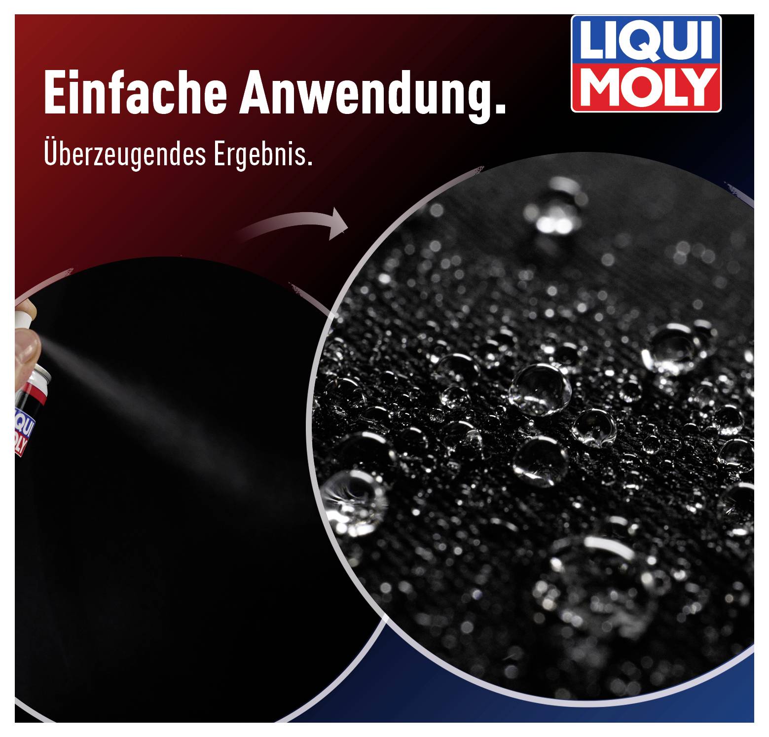 'Spray auf Oberfläche; Vorher-Nachher-Effekt: Wasserkugeln auf schwarzem Hintergrund. Text: Einfache Anwendung. Überzeugendes Ergebnis.'