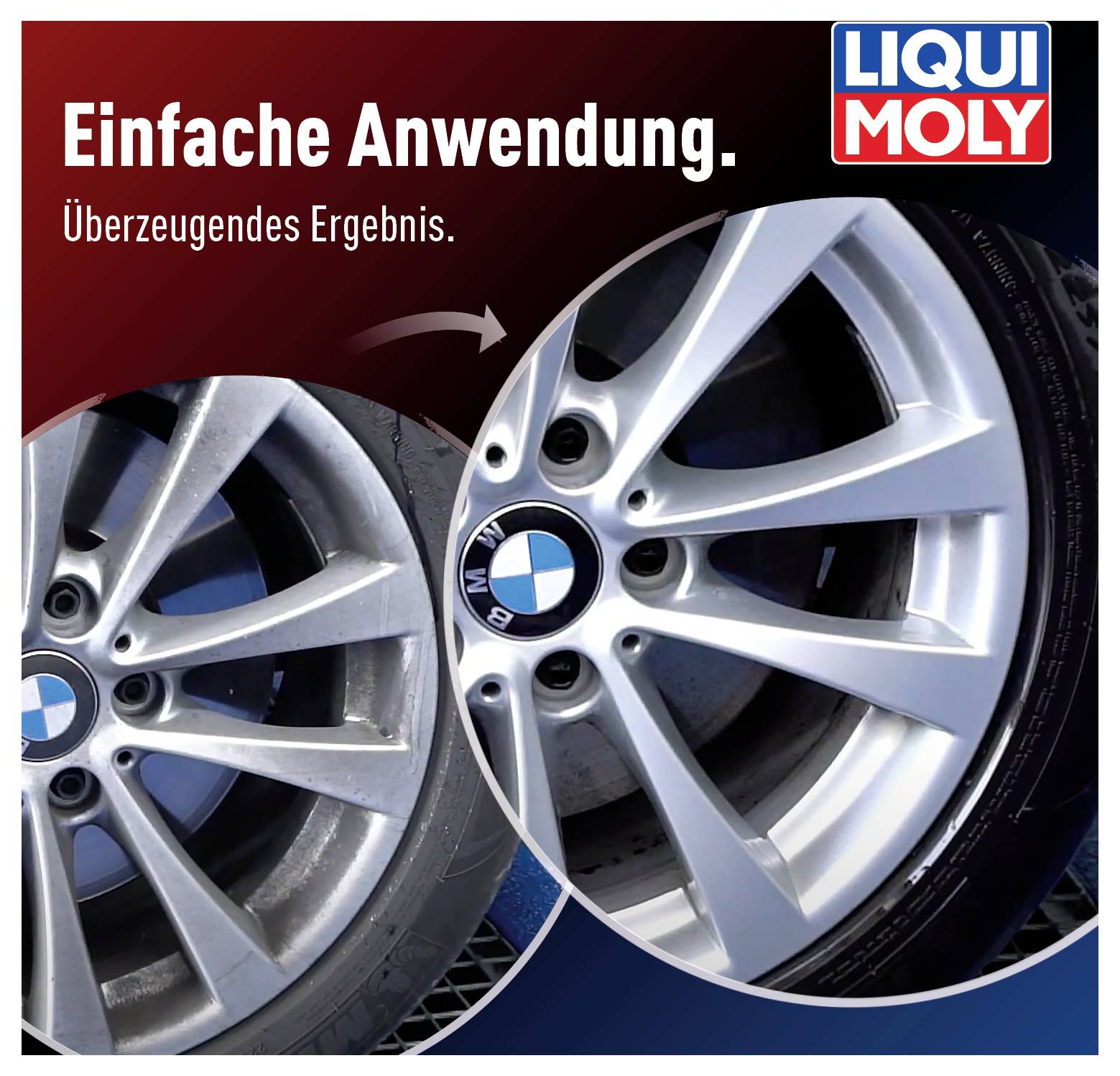 'Darstellung eines Autoreifens vor und nach der Anwendung eines Reinigungsprodukts von Liqui Moly. Text oben: "Einfache Anwendung. Überzeugendes Ergebnis."'