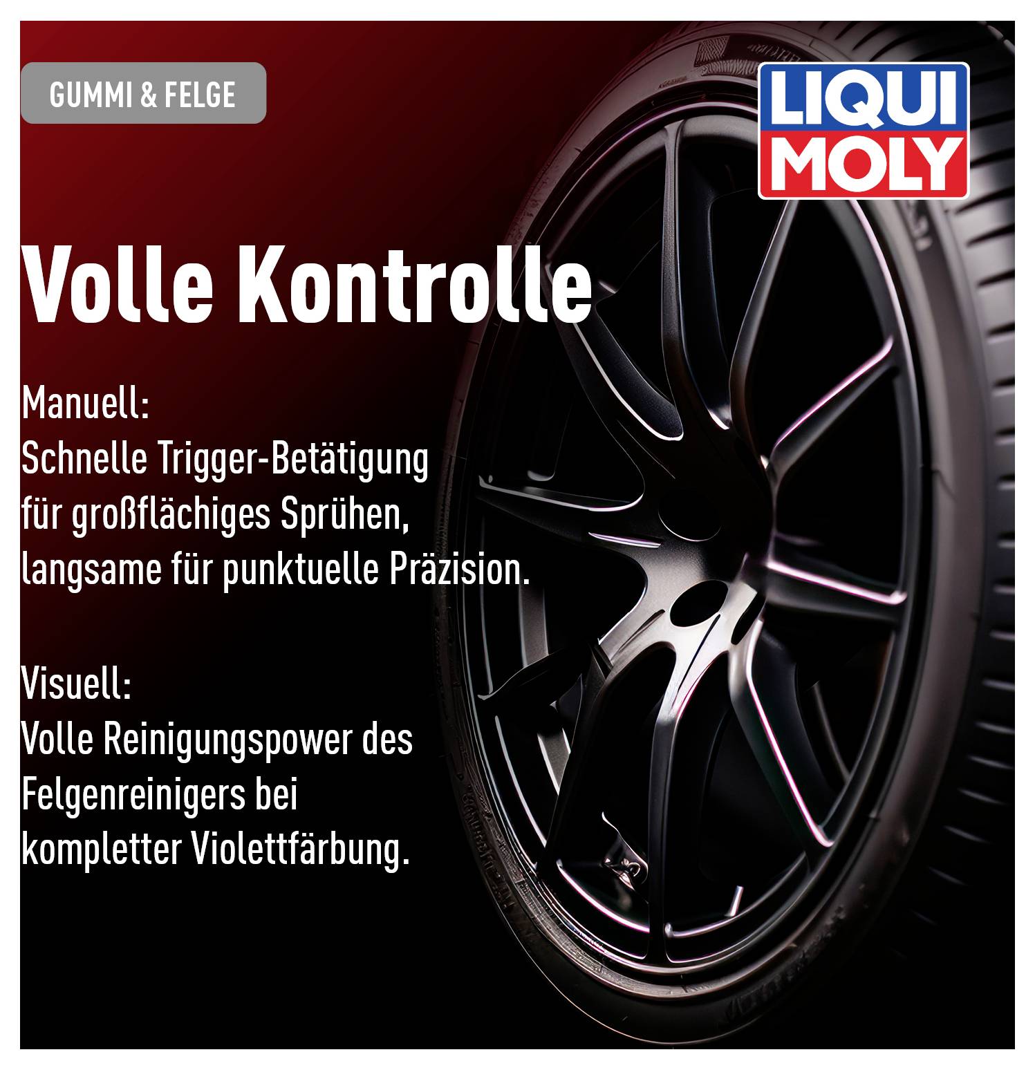 'Werbung für Felgenreiniger von Liqui Moly; Bild einer schwarzen Felge mit Text über Kontrolle und Reinigungskraft'