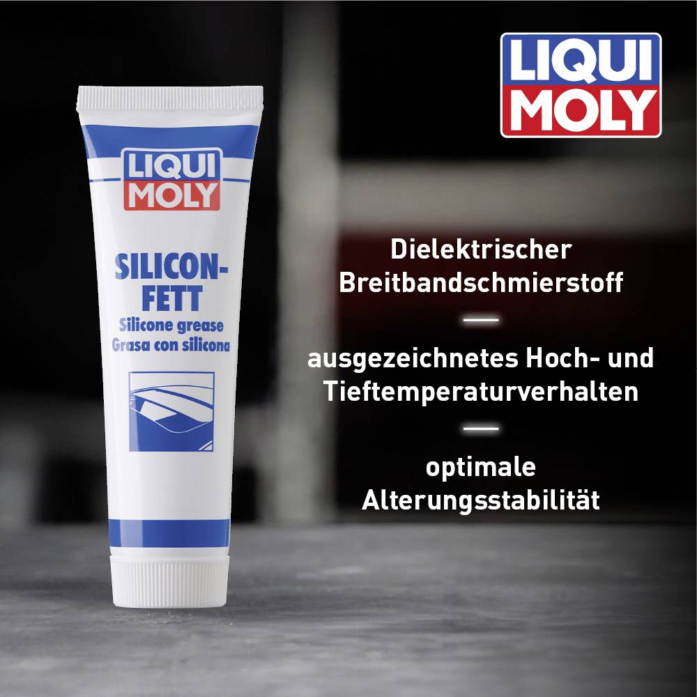 Eine Tube 'SILICON-FETT' von Liqui Moly auf grauem Hintergrund. Der Text daneben beschreibt es als dielektrischen Schmierstoff mit hoher Alterungsstabilität.
