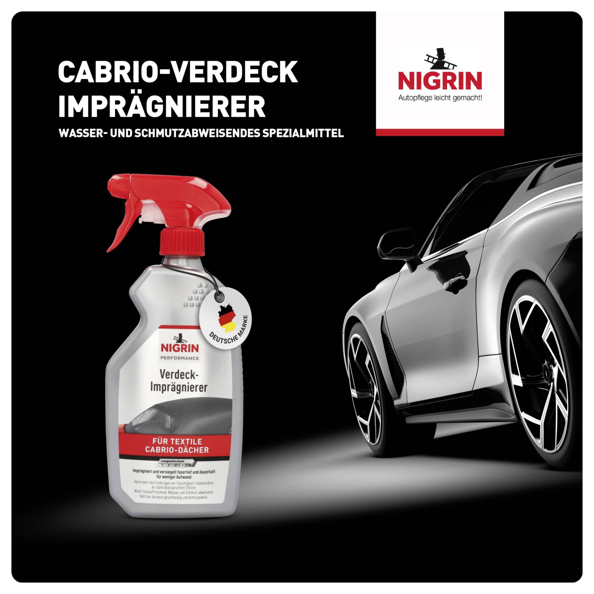 'Werbung für Nigrin Cabrio-Verdeck-Imprägnierer mit Auto im Hintergrund. Produktflasche vorne links, Auto rechts.'