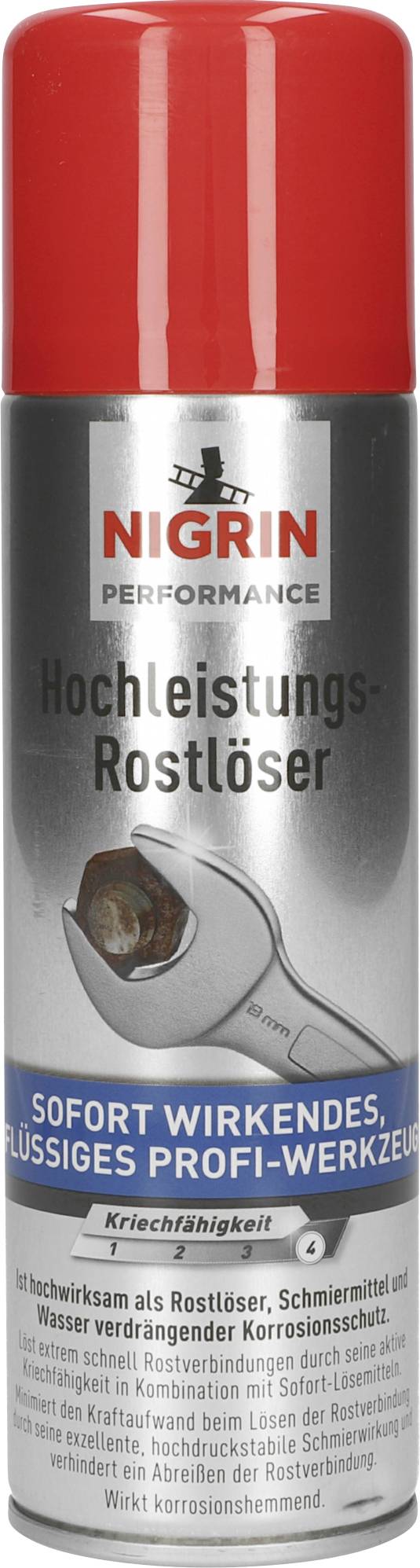 Eine Dose "Nigrin Performance Hochleistungs-Rostlöser" mit rotem Deckel. Etikett hebt die Wirksamkeit gegen Rost und Korrosion hervor.
