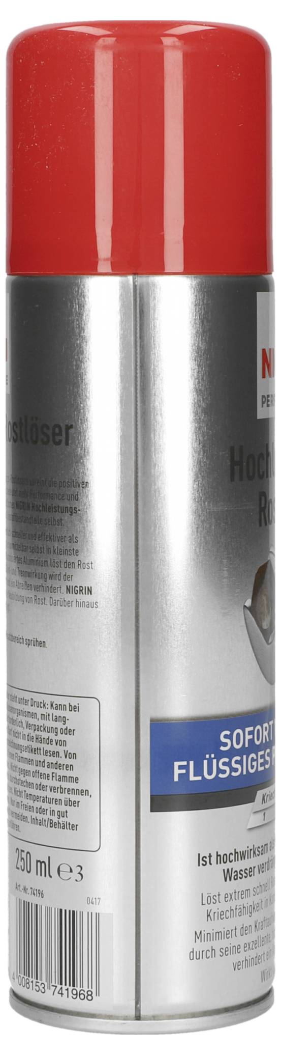 Eine Spraydose mit einer roten Kappe und einem silbernen Körper, in deutscher Sprache beschriftet, möglicherweise ein Reinigungs- oder Wartungsprodukt, das für den Hausgebrauch konzipiert ist.