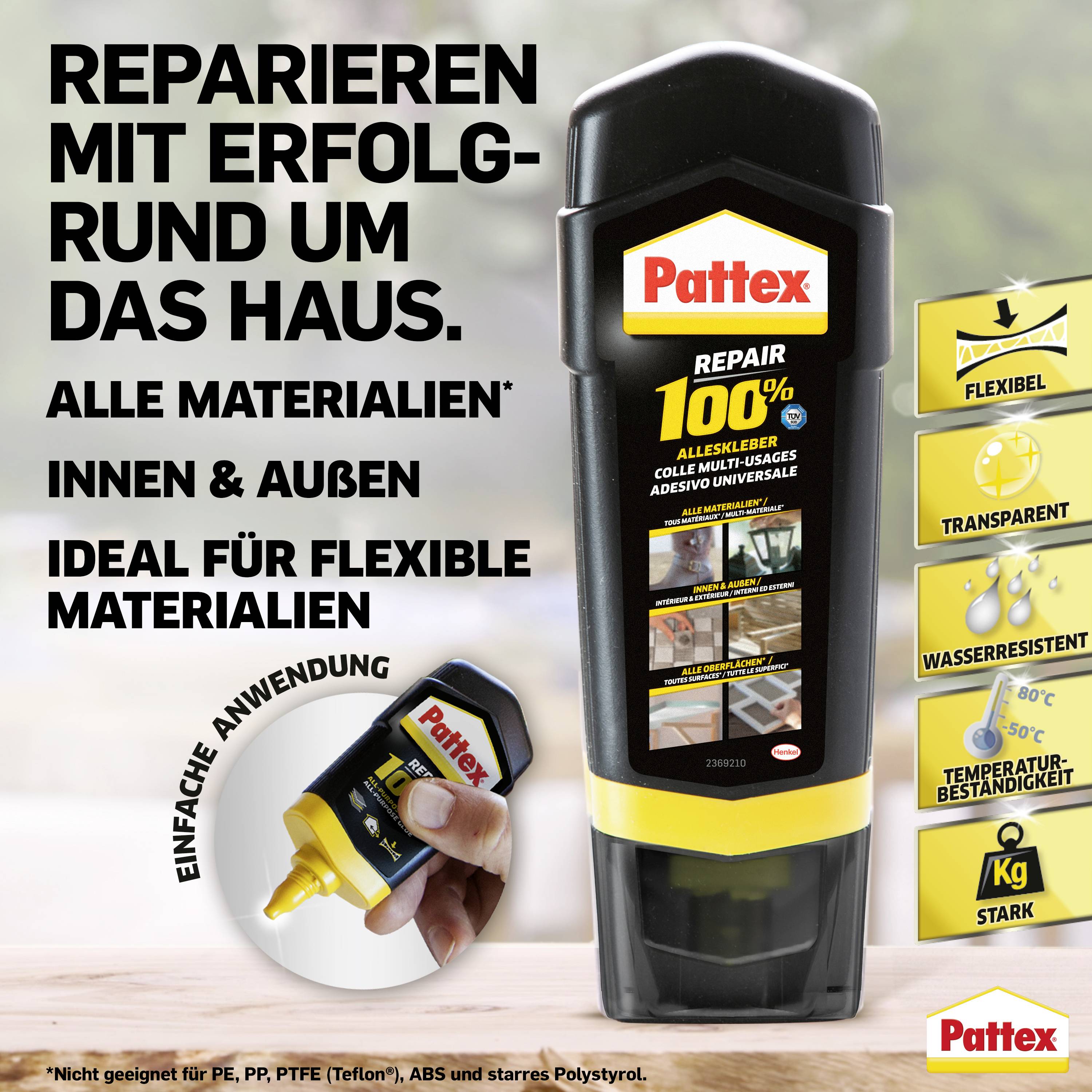 Produktbild eines Klebers. Text informiert über vielseitige, wetterbeständige Anwendungsmöglichkeiten für Reparaturen im Innen- und Außenbereich.