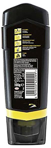 Eine schwarze und gelbe Duschgel-Flasche mit einem Etikett, das Merkmale und einen Barcode auflistet. Das Produkt ist für Männer konzipiert und enthält 100g.
