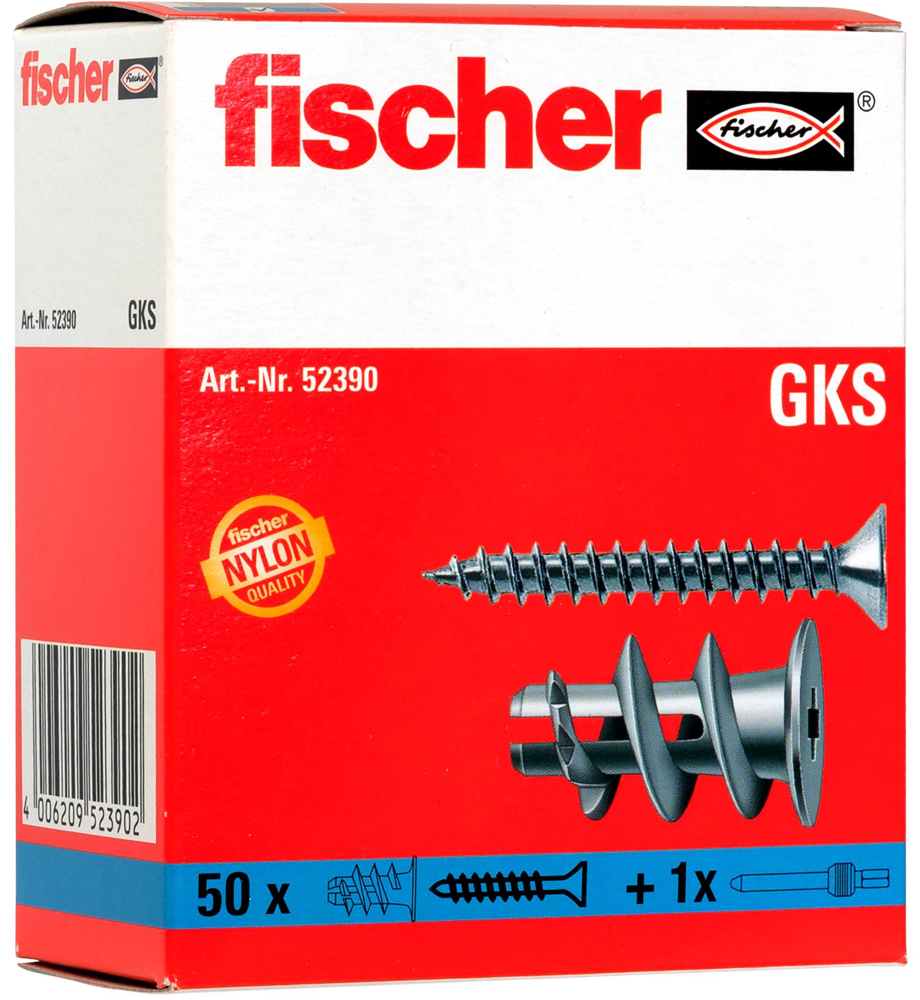Fischer GKS Wandanker Verpackung, zeigt Art.-Nr. 52390, 50 Anker plus 1 Werkzeug, mit Bildern der Schraube und des Ankers.