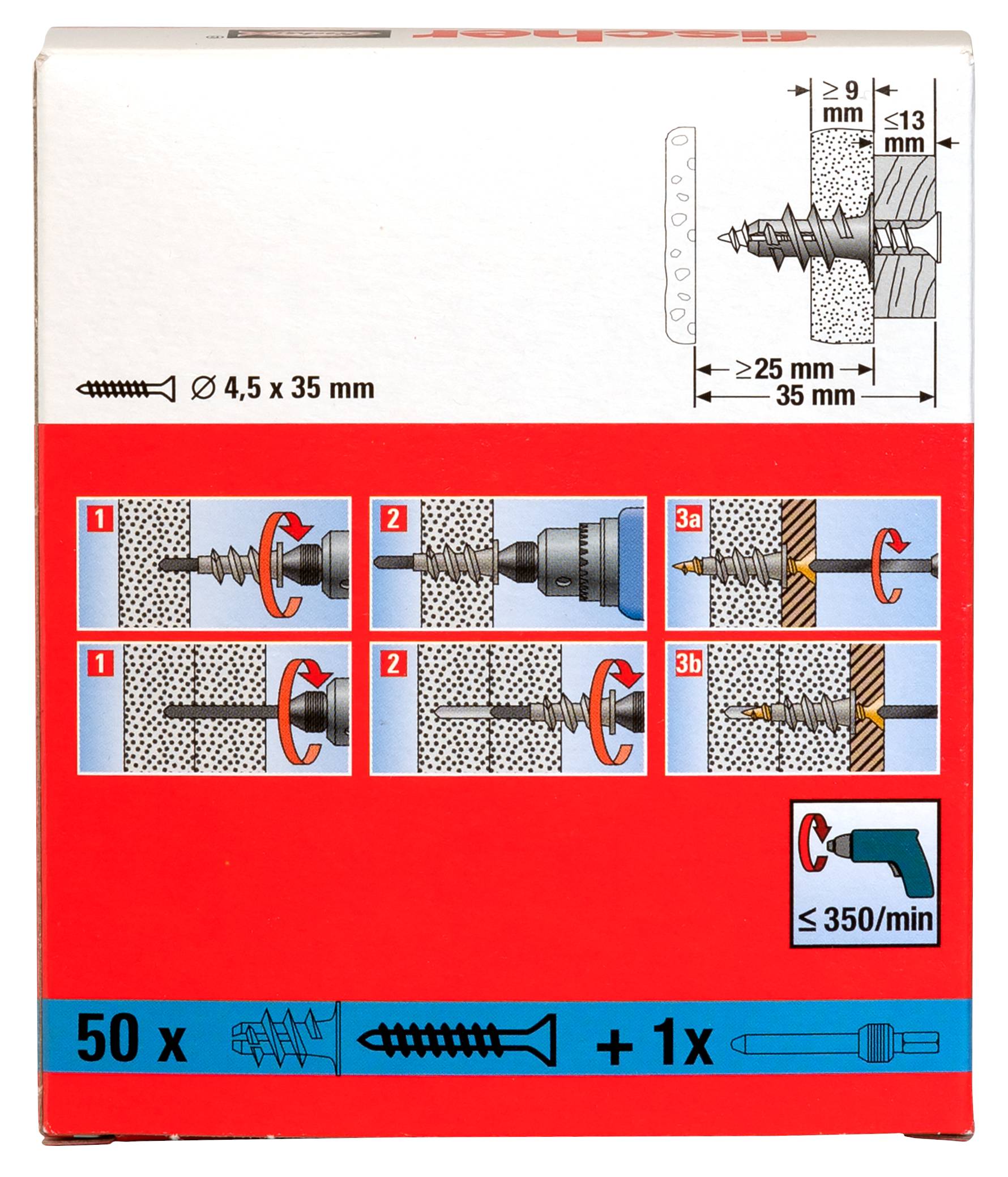 Verpackungsdiagramm zeigt Schraubenmontageanleitungen für eine 4,5 x 35 mm Schraube mit Bohrlochtiefen- und Abststandsmessungen sowie einer Anmerkung zur Verwendung bei ≤350/min.