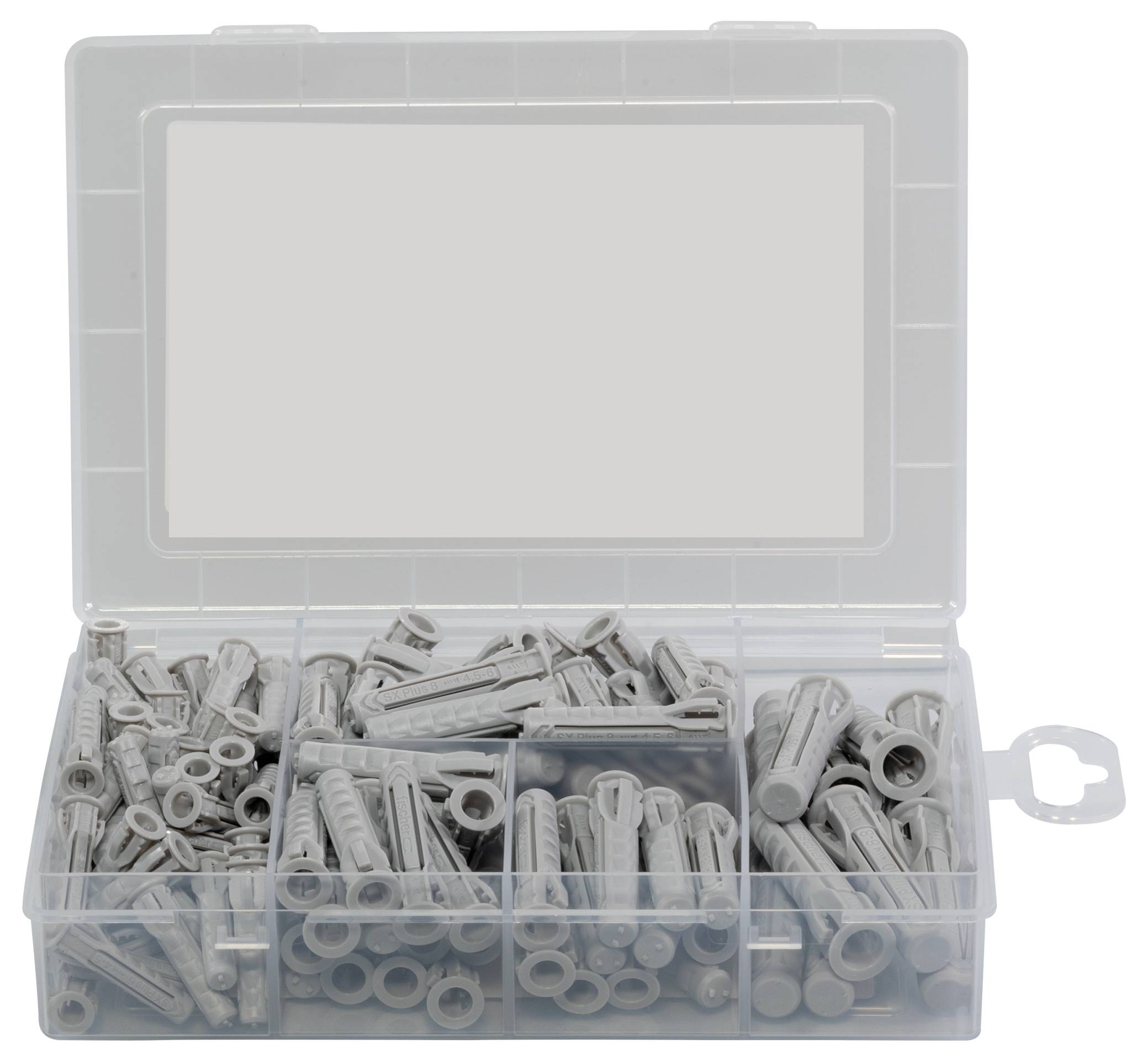 Eine offene Plastikbox mit mehreren Fächern, gefüllt mit grauen Dübeln in verschiedenen Größen.