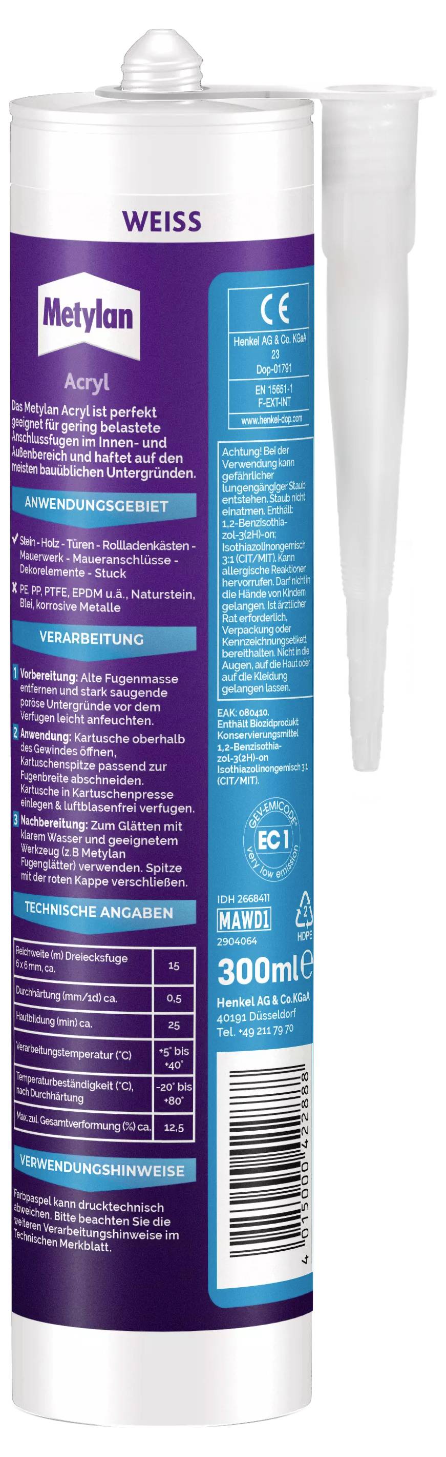 Ein Zylinderbehälter mit der Aufschrift 'Metylan Acryl', 300 ml. Enthält Informationen zu Anwendung, Verarbeitung und technische Daten.
