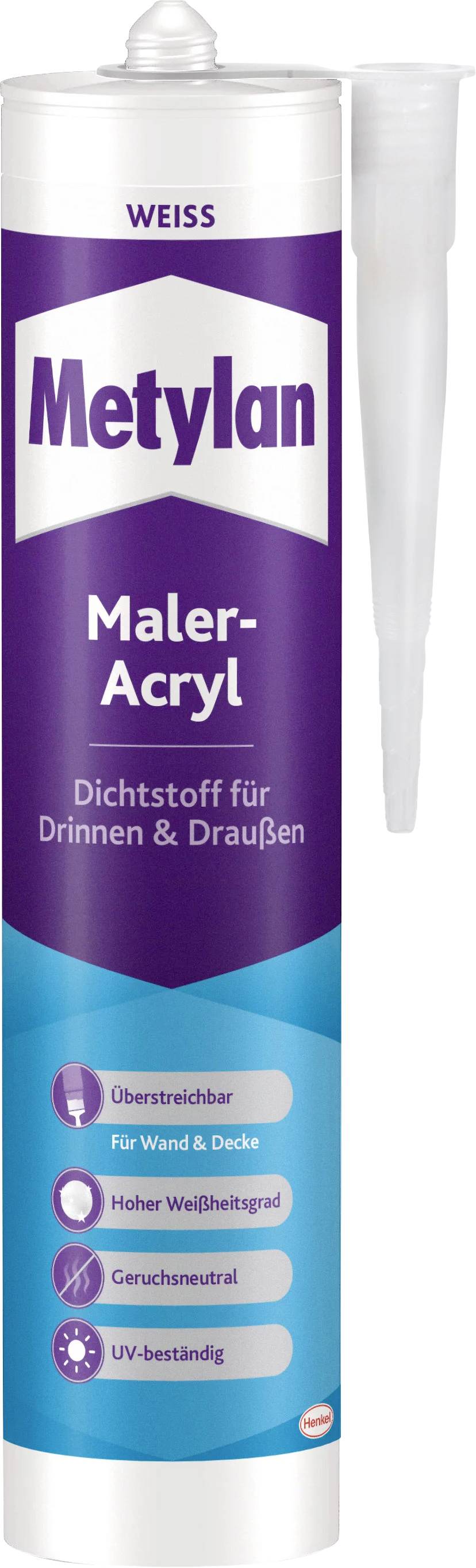 Eine Tube Metylan Maler-Acryl Dichtstoff, geeignet für Innen- und Außenanwendung, weiß, mit Eigenschaften wie hoher Weichentlastung und UV-Beständigkeit.