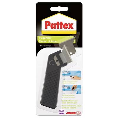 'Pattex Fugenhai' mit Ersatzklinge zum Entfernen von alten Silikonfugen. Verpackung zeigt Werkzeuginformation und Anwendungsbild.