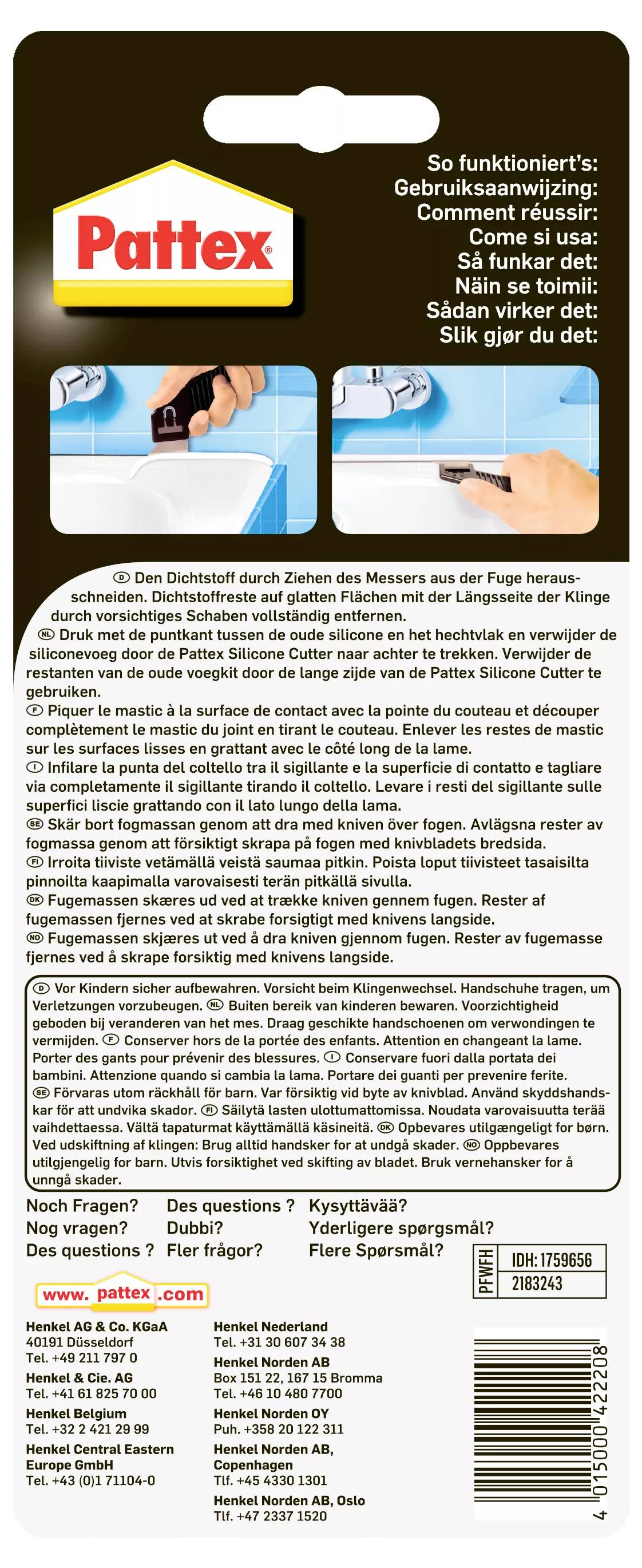 Verpackungsrückseite mit Bedienungsanleitung für Pattex-Dichtstoff-Entferner. Enthält Warnhinweise und Herstellerinformationen.