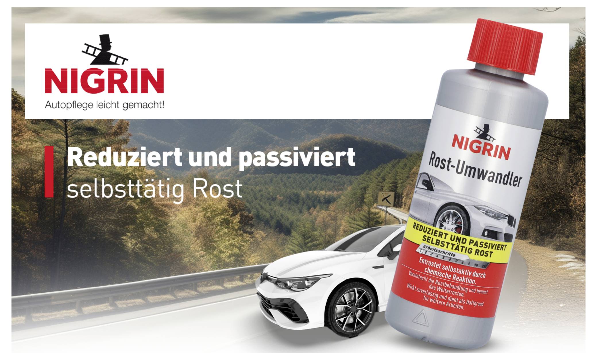 'NIGRIN Rost-Umwandler' Produktbild zeigt eine Flasche vor einem Auto auf einer Straße. Text auf Flasche: 'Reduziert und passiviert selbsttätig Rost'.