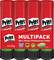 Vier rote und schwarze Pritt Klebestifte in einer Multipack-Packung. Verpackung mit Aufdruck 'MULTIPACK', geeignet für 'Büro', 'Schule', 'Kindergarten', 'Hobby'.