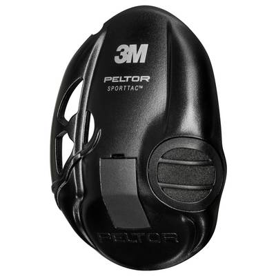 Schwarze 3M Peltor SportTac Gehörschutz-Ohrmuschel, Vorderansicht mit Kopfbügel-Clip und belüfteter Seitenschale.