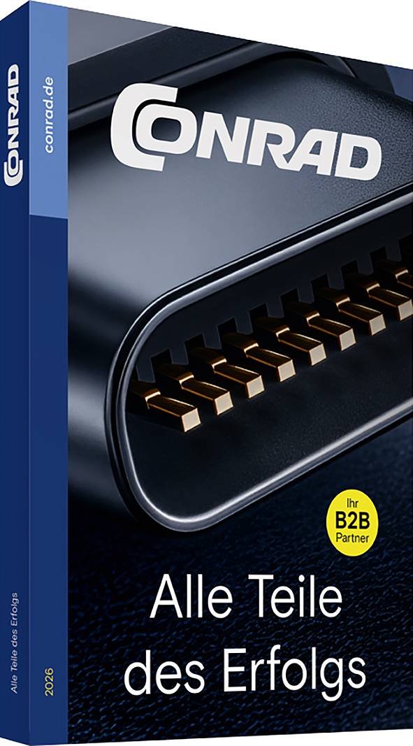 Conrad-Katalogcover mit einer Nahaufnahme eines elektronischen Steckers, mit dem Slogan „Alle Teile des Erfolgs" und „Ihr B2B Partner".