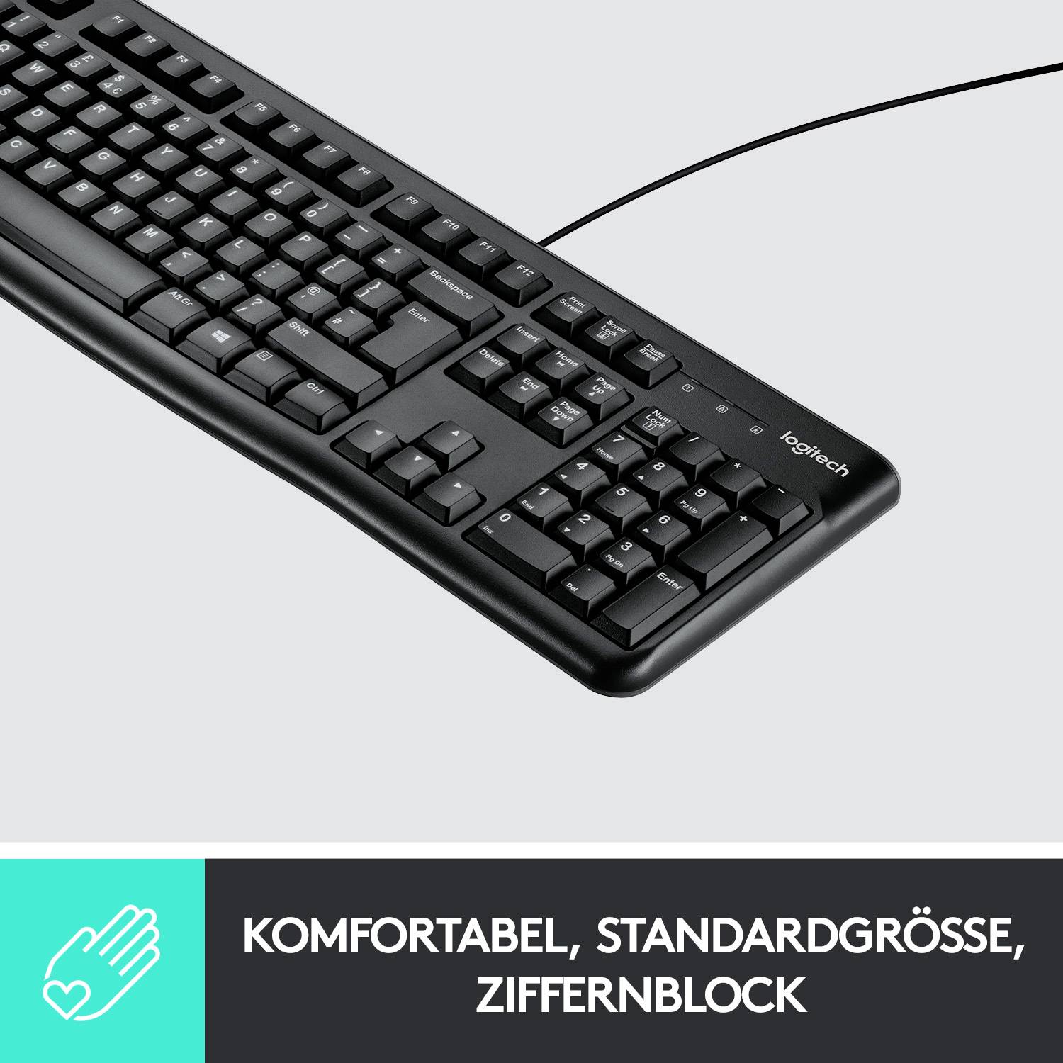 Eine schwarze Tastatur der Marke Logitech, mit Standardlayout und Ziffernblock. Text darunter: 'Komfortabel, Standardgröße, Ziffernblock'.