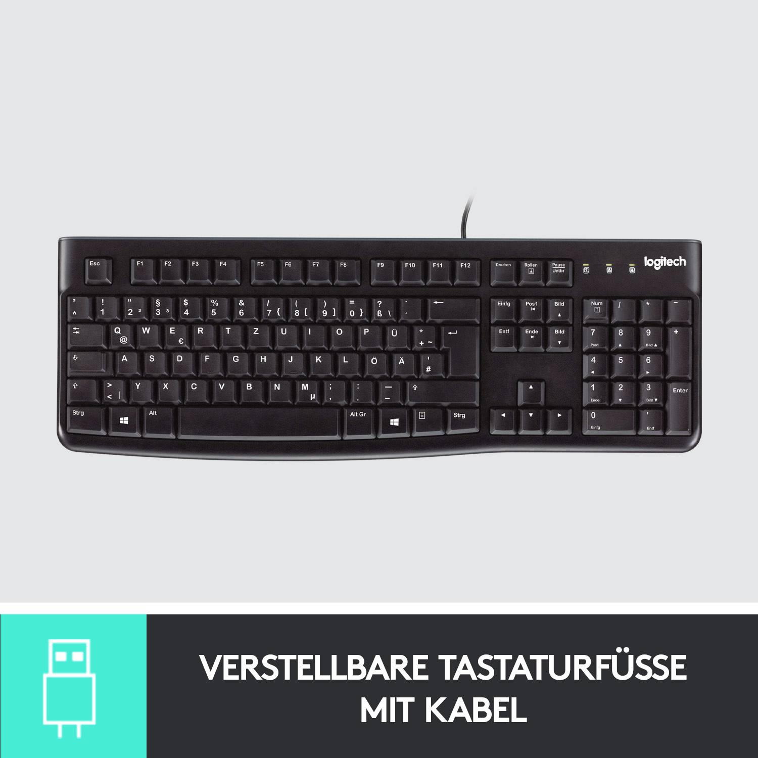Eine schwarze kabelgebundene Tastatur mit QWERTZ-Layout und verstellbaren Füßen. Darunter steht: 'Verstellbare Tastaturfüße mit Kabel'.