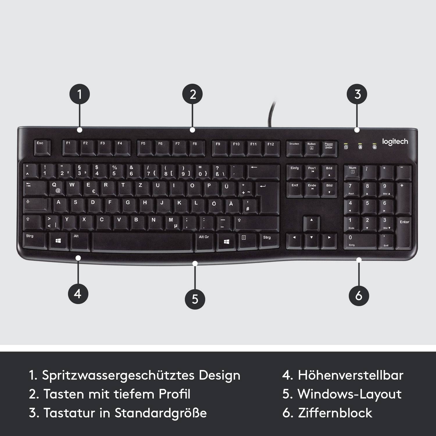 Eine schwarze Tastatur mit Kabel. Beschriftungen heben das spritzwassergeschützte Design, tiefes Profil, Standardtastaturgröße, Höhenverstellbarkeit, Windows-Layout und den Ziffernblock hervor.