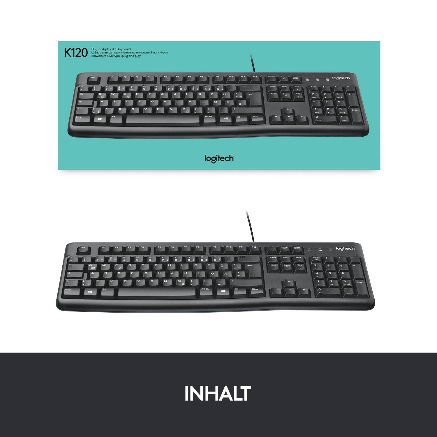'Logitech K120 Tastatur, kabelgebunden, schwarz, deutsches QWERTZ-Layout, abgebildet von oben mit Kabelanschluss.'