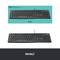 'Logitech K120 Tastatur, kabelgebunden, schwarz, deutsches QWERTZ-Layout, abgebildet von oben mit Kabelanschluss.'