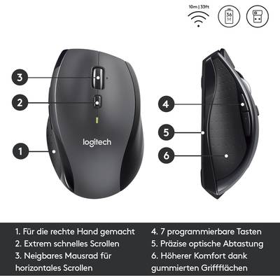 Eine ergonomische Maus mit 6 Tasten und neigbarem Scrollrad, entworfen für die rechte Hand. Funktionen umfassen schnelles Scrollen und präzise Abtastung.