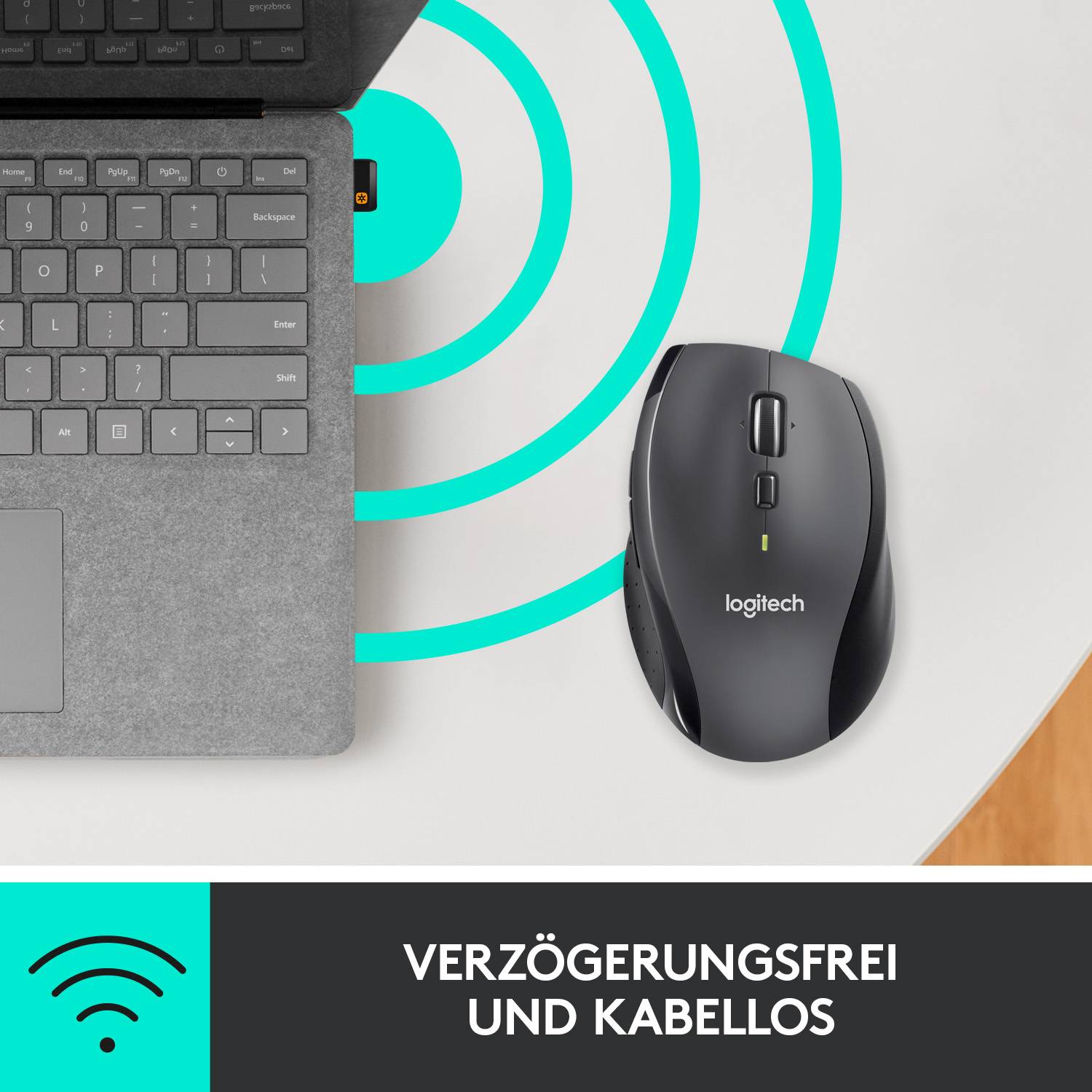 Ein Laptop und eine Logitech-Maus auf einem Tisch, mit Funkwellen symbolisiert. Text unten: 'Verzögerungsfrei und kabellos'.