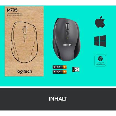 'Logitech M705 Maus' und Verpackung auf blauem Hintergrund, mit 'Apple', 'Windows' und 'Chromebook' Logos. Enthalten sind Batterien und USB-Empfänger.