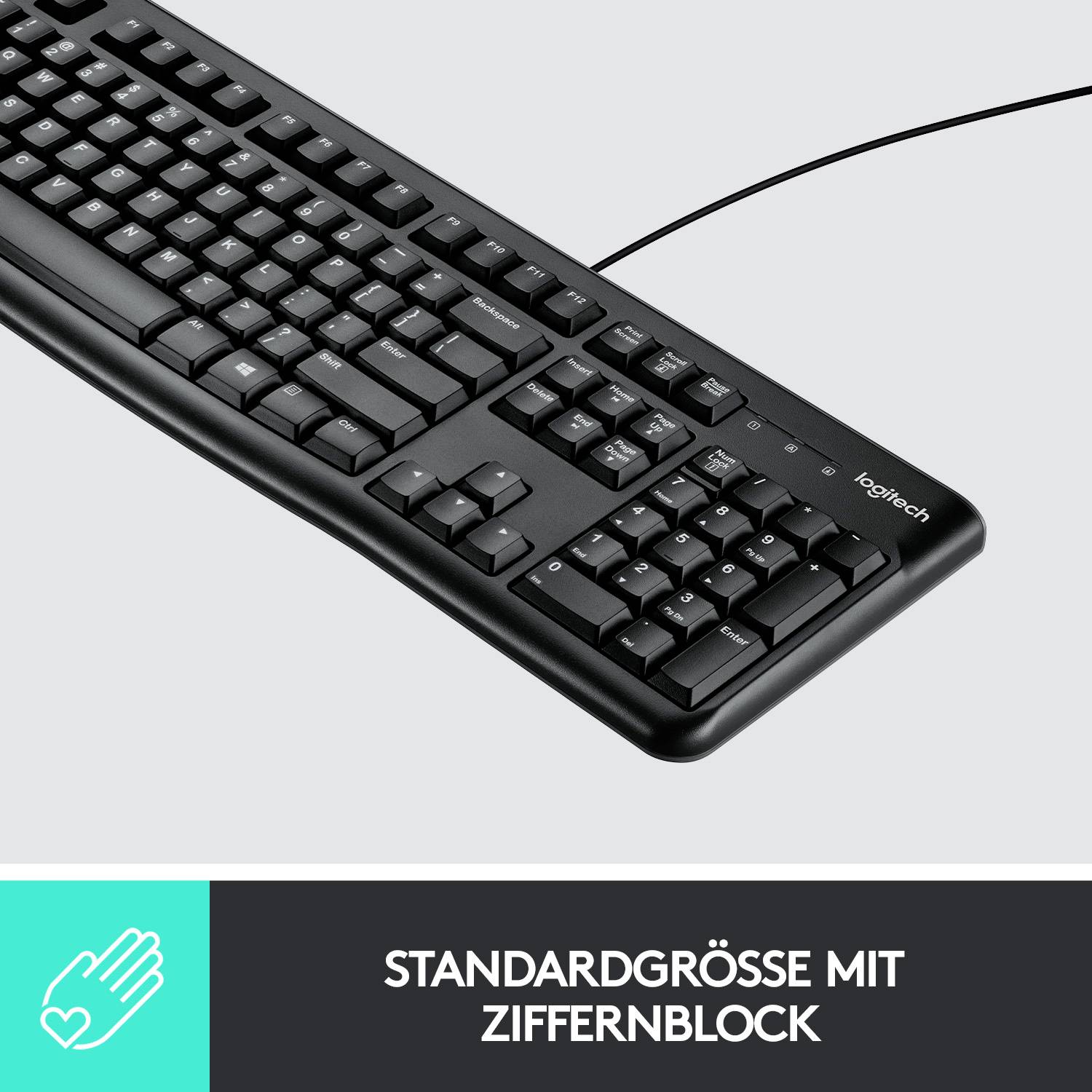 Schwarze Tastatur in Standardgröße mit Ziffernblock auf grauem Hintergrund. Darunter Text: 'Standardgröße mit Ziffernblock'.