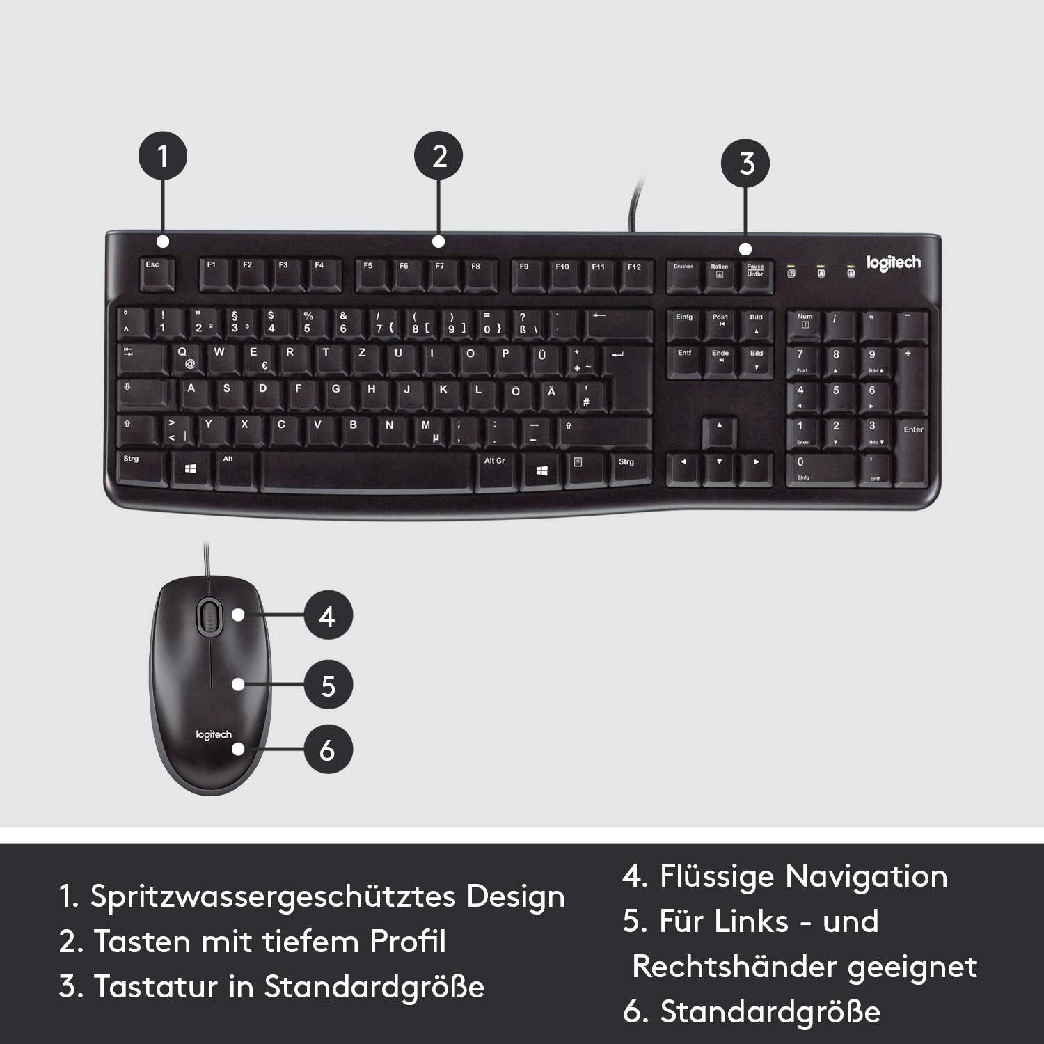 'Schwarze Logitech-Tastatur und -Maus. Merkmale: spritzwassergeschützt, tiefes Tastenprofil, flüssige Navigation, für Links- und Rechtshänder.'