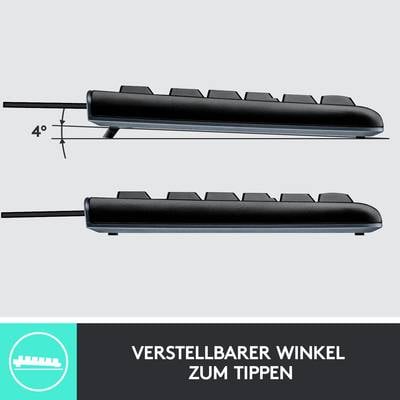 'Verstellbarer Winkel zum Tippen': Bild zeigt ein elektronisches Gerät mit zwei Standpositionen, erhöht um 4 Grad und flach.